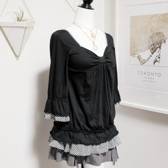 Black Babydoll Top w/ Striped Sheer Ruffle Trim 🐈‍⬛ JAPANESE BRAND - Picture 4 of 10